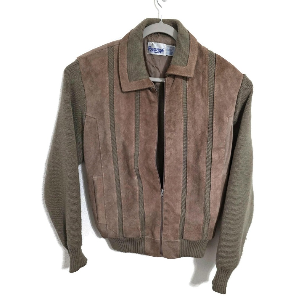 Vintage Repage Jacket Mens Large Brown Leather Suede Knit Bomber Striped 80s